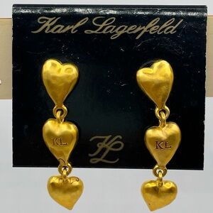Vintage 90's Karl Lagerfeld God Tone Metal Heart Dangle Earring Post Back Rare
